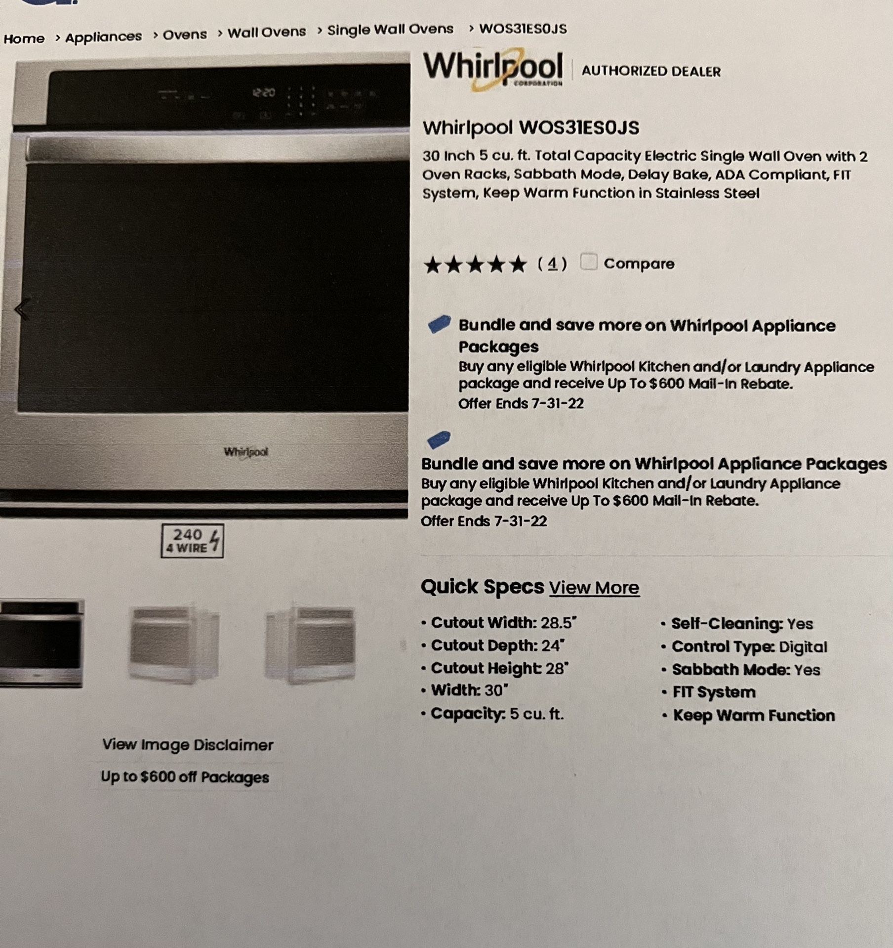 NEW IN BOX Single Whirlpool Electric Wall Oven