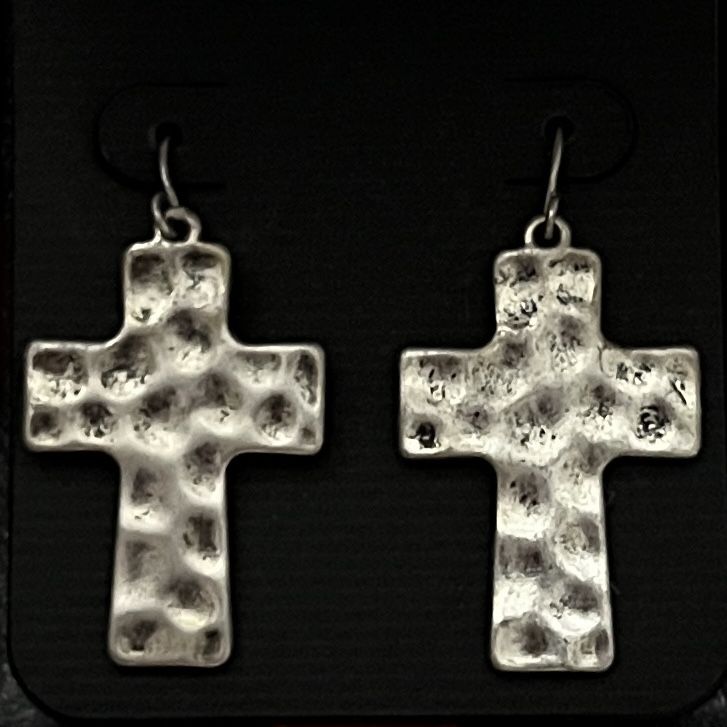 Silver & Black Handcrafted Hammered Cross Earrings New In Box