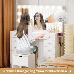 Vanity with Lighted Mirror - Makeup Vanity Desk with Glass Top and 11 Drawers, 3 Color Lighting Modes Adjustable Brightness, 46" Vanity Table with Sof