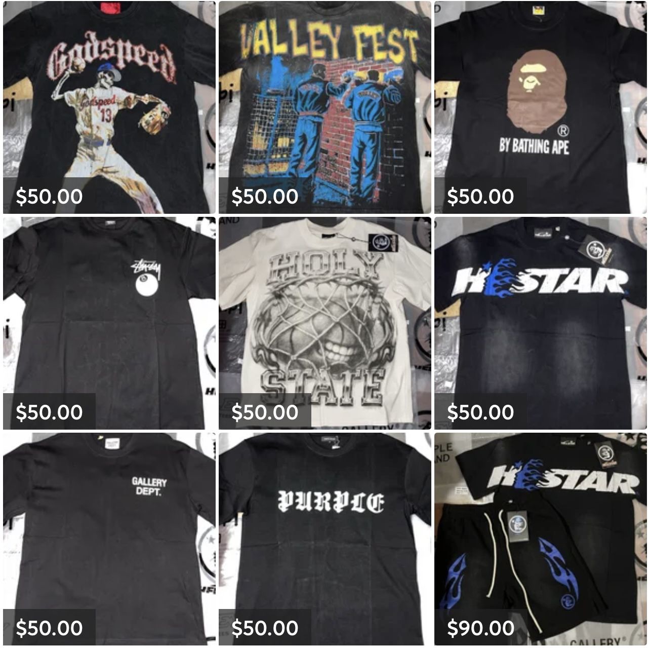 T-Shirts Hellstar, Gallery Dept, Godspeed, vale, Bape, Purple Brand, Stussy