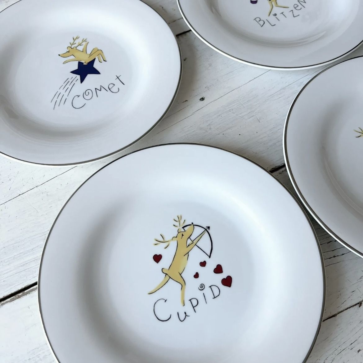 Pottery Barn JAPAN Reindeer Dinner Plates 11" Comet Cupid Donner