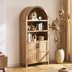 mopio Lauren 77.4" Tall Arched Cabinet, The Original 5-Tier Bookcase with Doors and Adjustable Shelves, Arch Bookshelf with Storage, Wooden Storage Ca