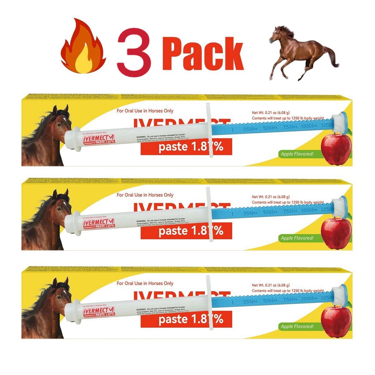3 Packs Paste Wormer 0.21 oz Horse Dewormer Durvet Apple Flavor Safe & Effective