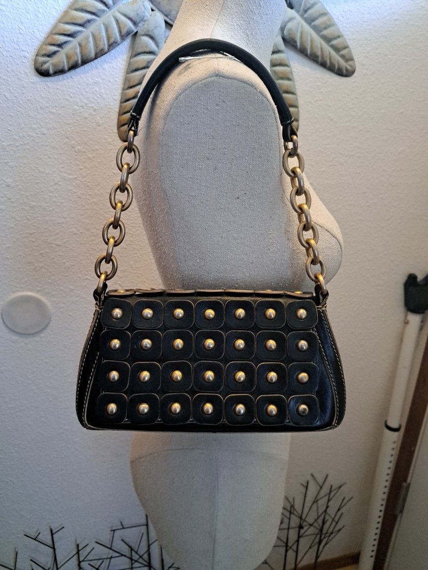 Maxx New york , Studded Black Leather Shoulder Purse,With Gold Tone Brushed Chain,Super Cute Vintage,Nice Shape$25