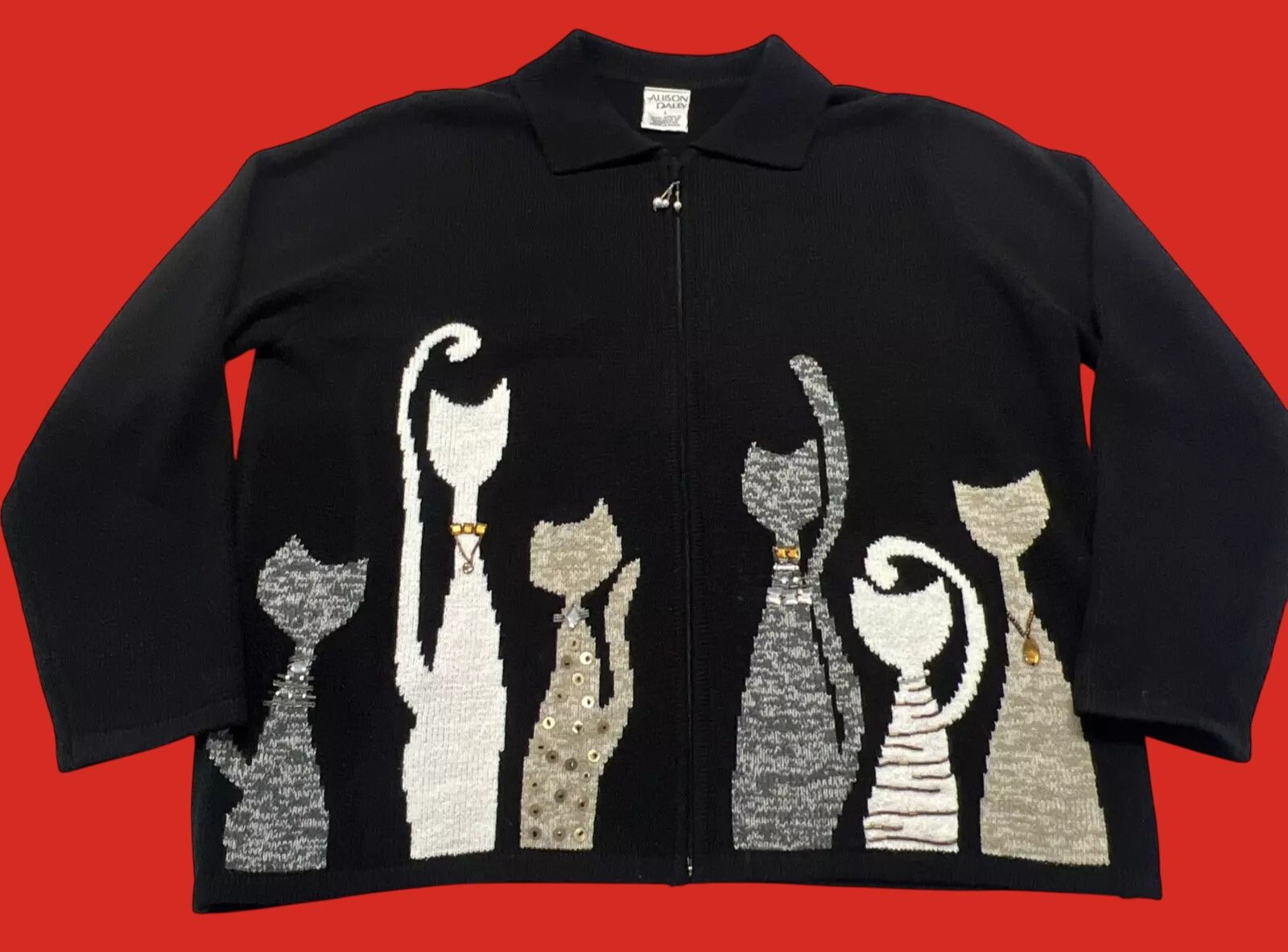 Vtg Allison Daley Size M Black Cat Silhouettes Beaded Full Zip Cardigan Sweater