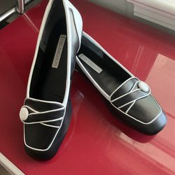 BLACK & WHITE ENZO ANGIOLINI EALINEN LEATHER FLATS Sz 5.5 M 5 1/2 LOAFERS SHOES