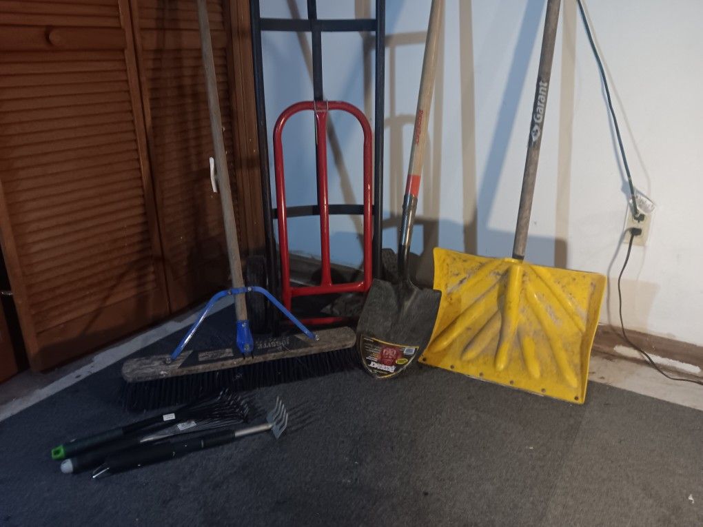 Dolly, Push Broom And Two Shovels