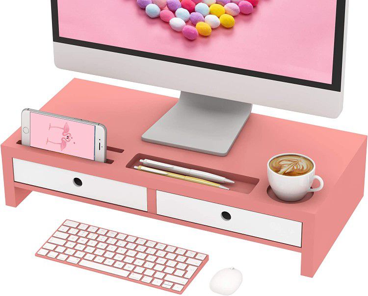Bambloom Monitor Stand Riser Desk Organizer - with Drawers Keyboard Storage Pink 22x10.6x4.7 inch