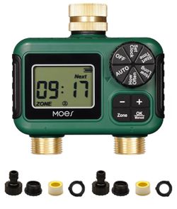 MOES 2 Outlet Sprinkler Timer, Brass Inlet & Outlet, Programmable Automatic Irrigation Controller, Rain Delay, Manual Watering, 2 Zone Water Hose Time