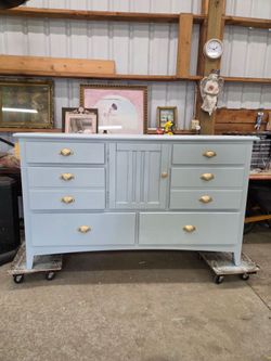 Solid wood pale blue 8 drawer dresser