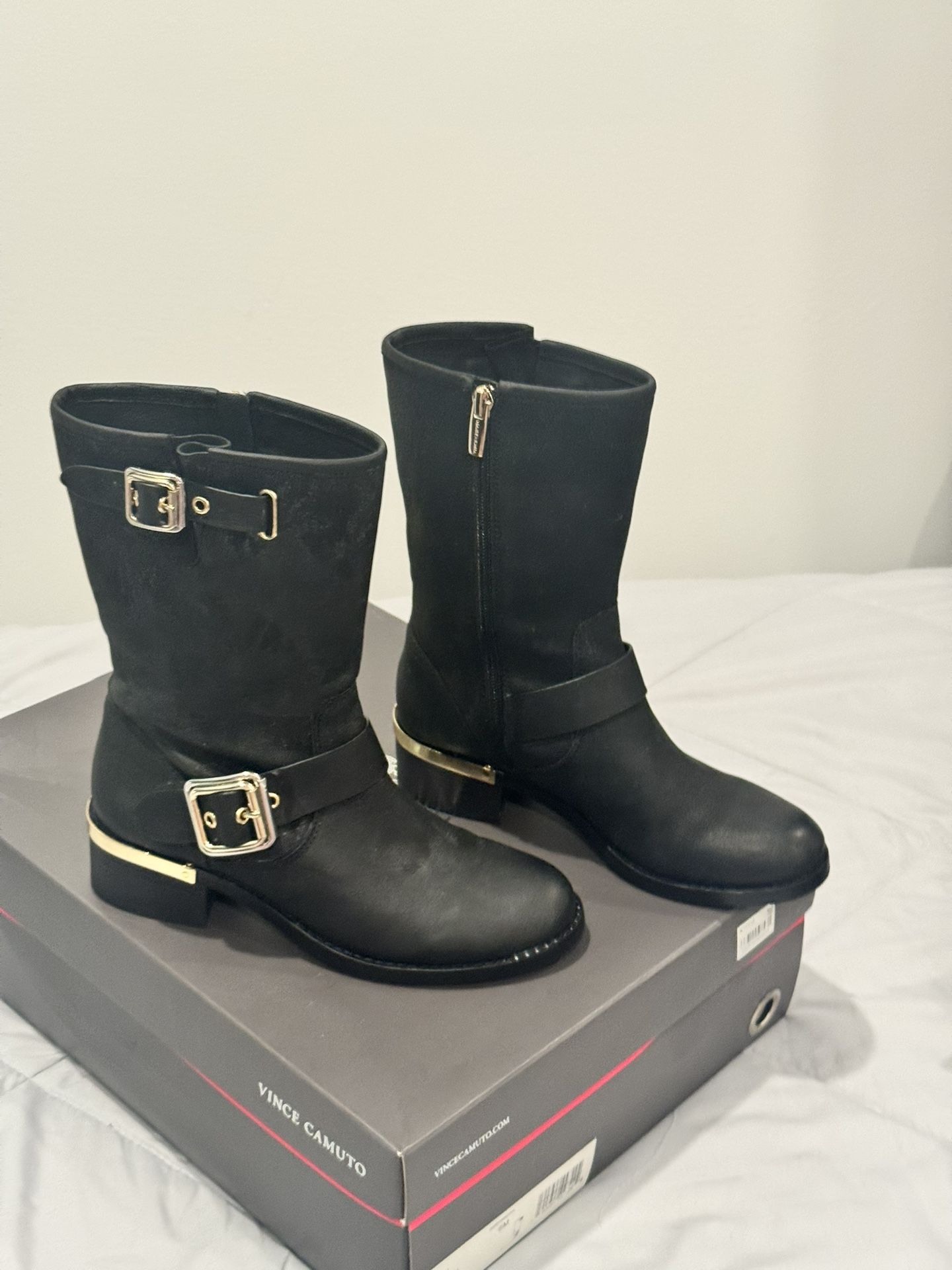 Vince Camuto VC WINDY Black Leather & Suede Moto Boots –...
