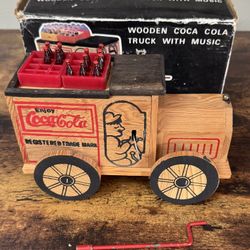 Vintage Wooden Coca Cola Musical Truck Complete in Box with Bottles and Winder WORKING just $20