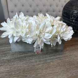 White floral arrangement w/ wooden vase NEW