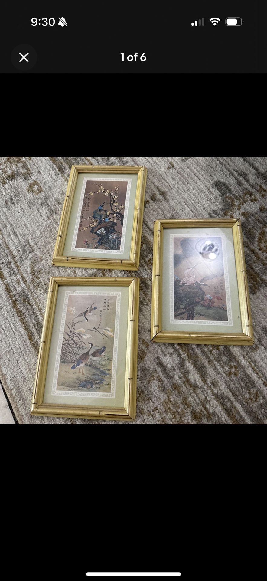 3 Vintage Oriental Silk Embroidery Cranes Gold Bamboo Frame Matted 8x11