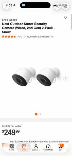 Google Nest Outdoor Smart Security Camera (Wired, 2nd Gen) 2-Pack - Snow $140