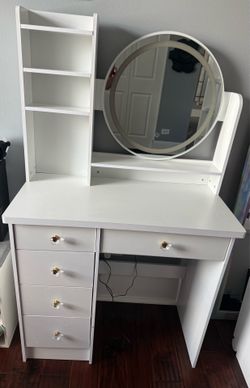 White Vanity Desk with Lighted Mirror and Storage Shelves