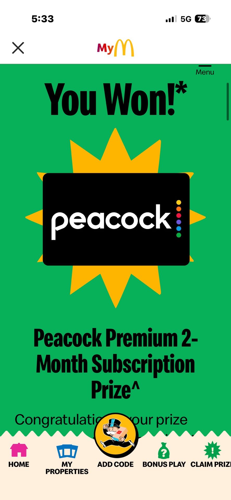 Peacock 2 Month Subscription