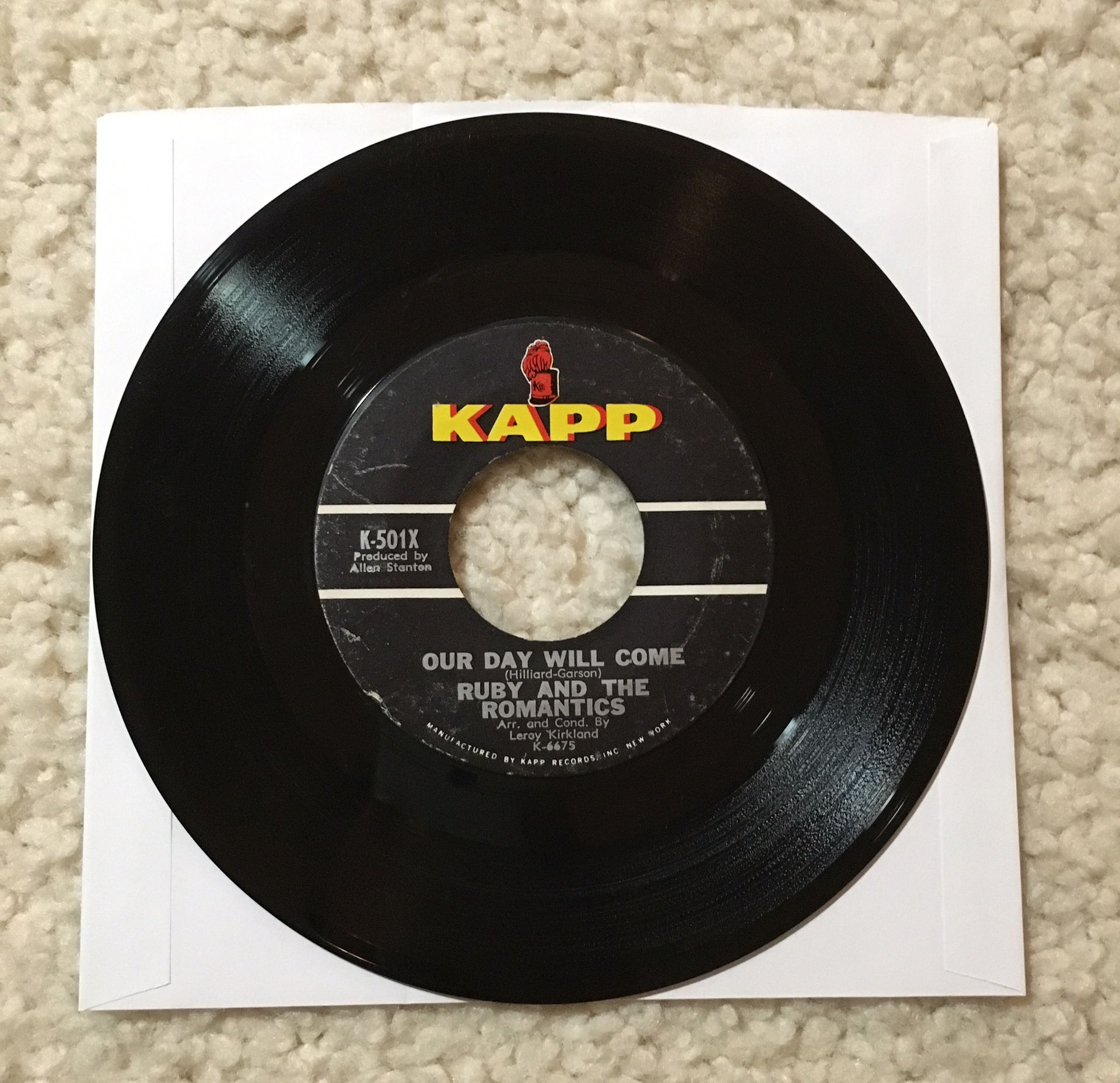 Ruby and The Romantics “Our Day Will Come” vinyl 7” single 1963 Kapp Records rare Original 1st Mono Not Stereo Pressing not a reissue R&B