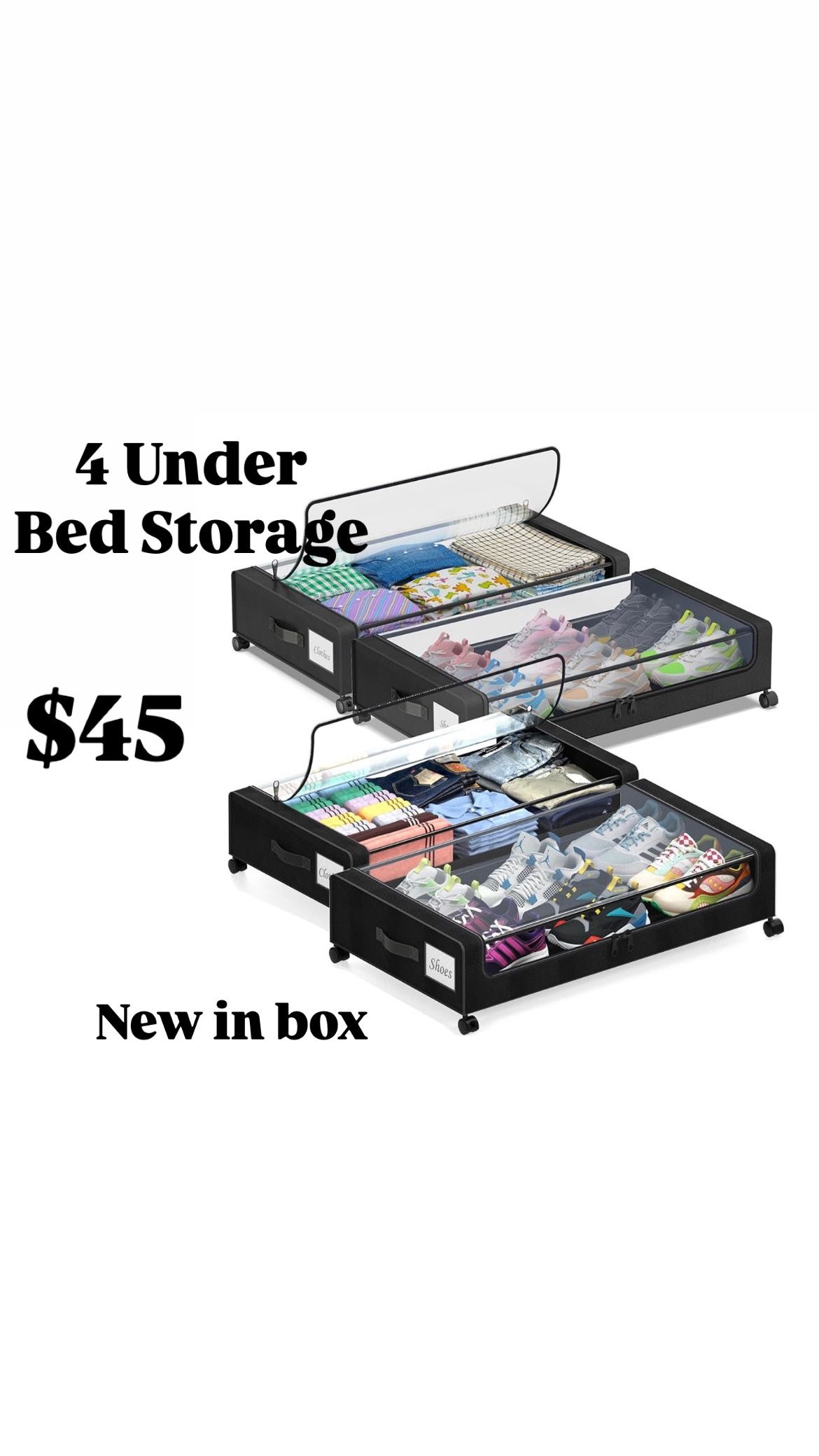 Under Bed Storage with Wheels, 4-Pack Under Bed Storage Containers with Clear Lids, XXL 60L Under the bed storage Organizer Bins, Rolling Under Bed Me