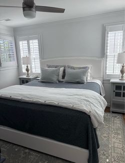New in box full Size Bed Frame with 56" Tall Headboard, White 56.3" Tall Boucle Upholstered Headboard, Semicircular Arch Design, Rivet-Trimmed Frame,