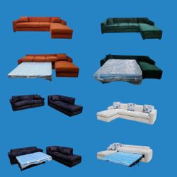 BRAND NEW 7x9ft and 9x5.5ft sectional sofa chaise couches with sleeper,  VELVET ORANGE, EVERGREEN FABRIC. CUSTOM MADE AVAILABLE