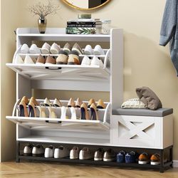 sogesfurniture Shoe Storage Cabinet with Shoe Bench, Entryway Shoe Storage with 2 Flip Drawers, Narrow Hidden Shoe Rack Cabinet for Living Room, Hallw