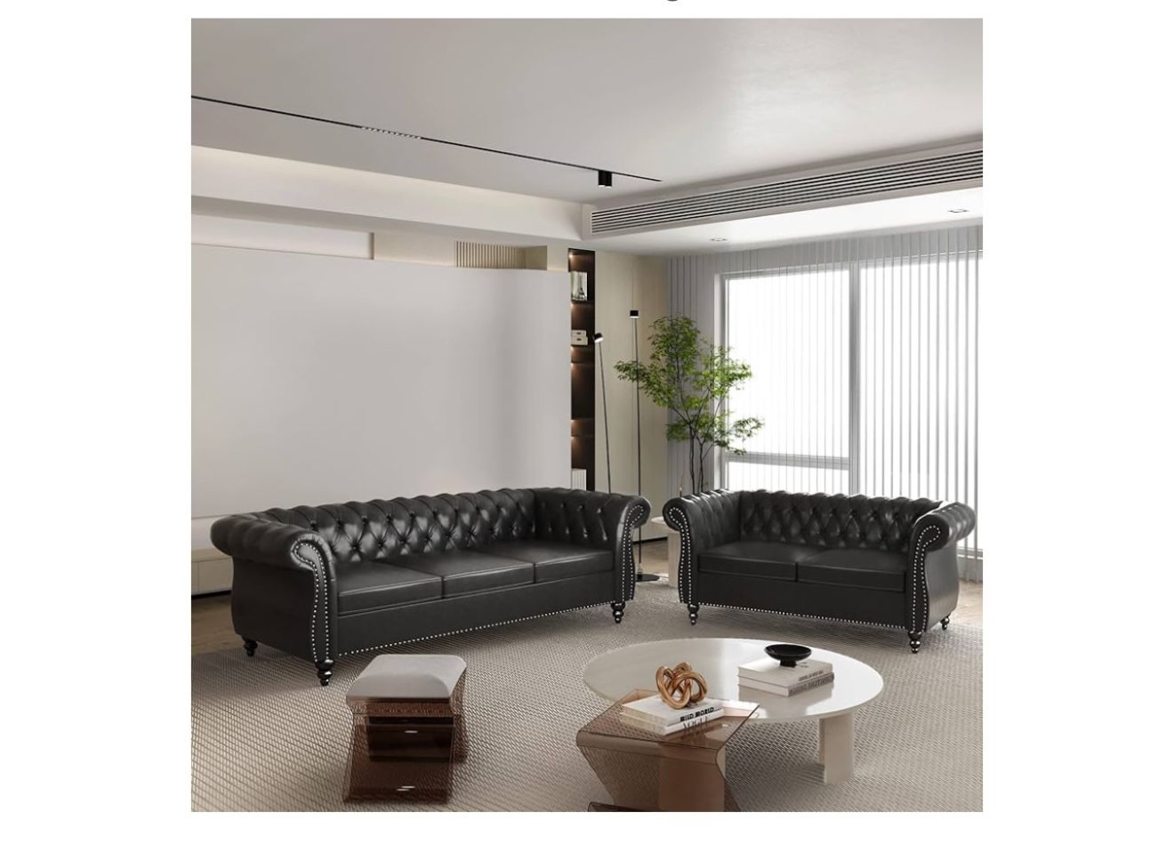 2 pc Living Room Set, Chesterfield FAUX Leather Sofa Loveseat Couch with Scroll Arms and Nailhead BLACK