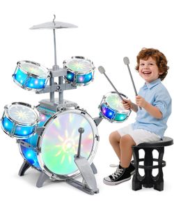 Drum Set for Kids 1-3, Jazz Drumset for Toddler 3-5 Vibrant Aurora Light with 5 Pcs High Drums, Musical Instruments Toy for Age 5-7 Year Old Boys Girl