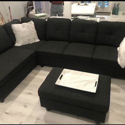 COSTCO Black Linen Sectional Couch And Ottoman
