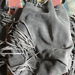 Meital Lev Gray Suede Fringe Bucket Bag Long & Short Strap Handmade Boho Purse