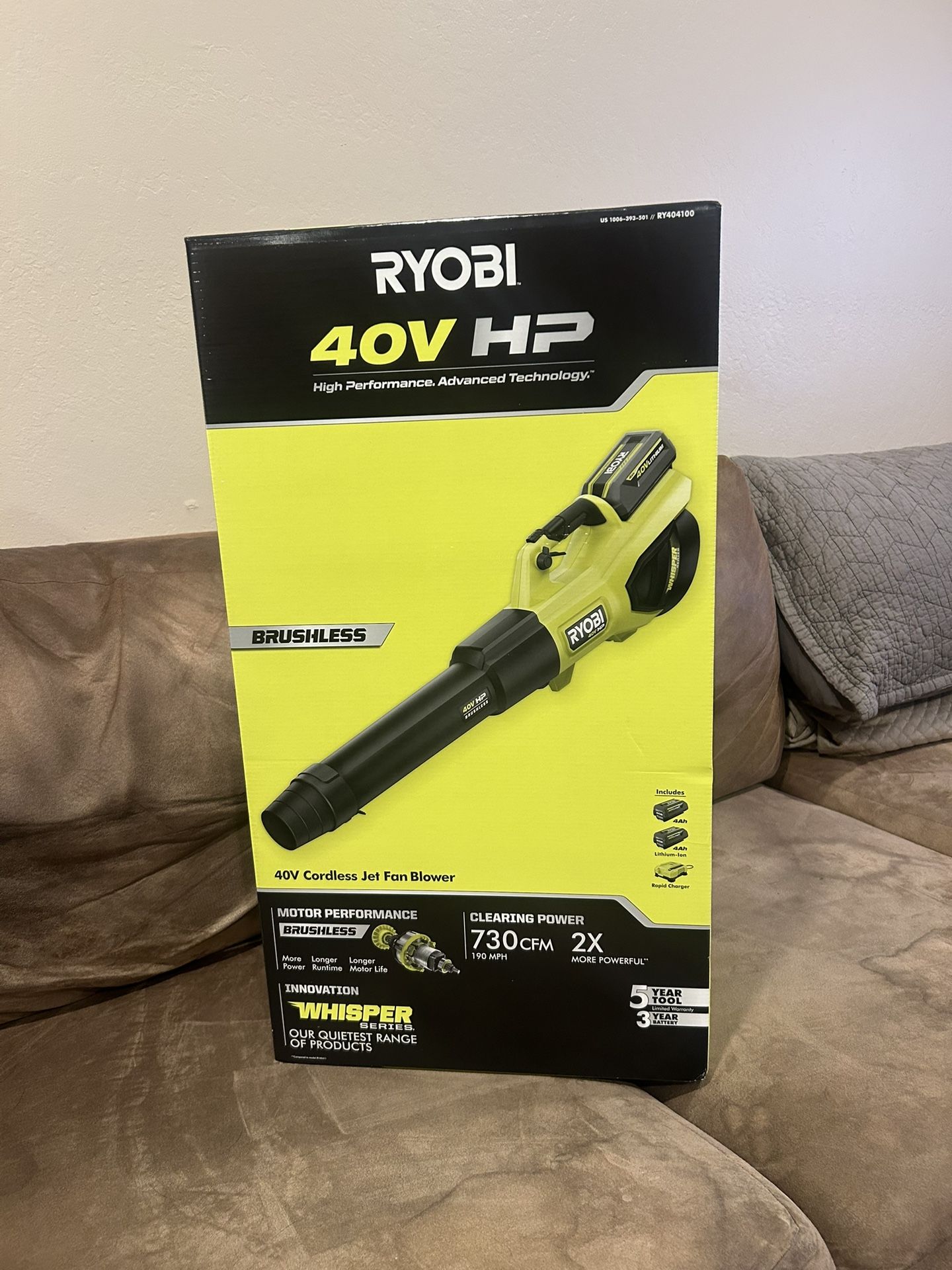 RYOBI 40V HP Cordless Battery Leaf Blower Battery and Charger