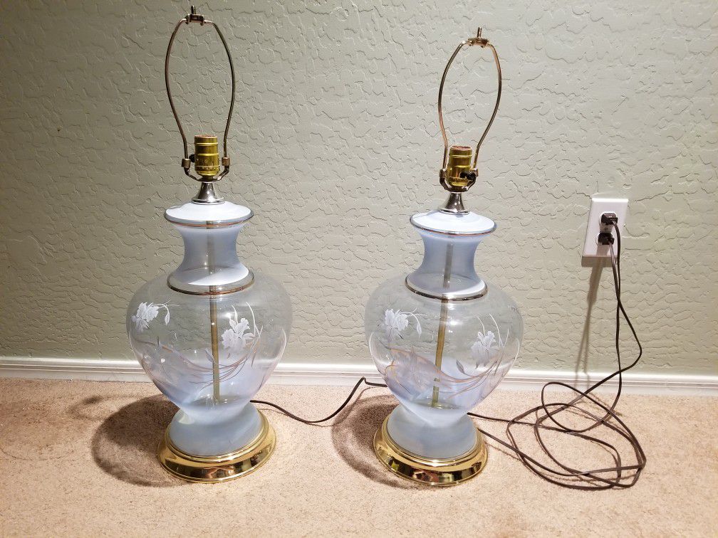 Pair of Vintage Leviton Clear Blue Glass lamps w/ floral pictorials