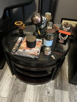 Circular Glass Top Coffee Table With 2 Pie Slice Shelves/Seats