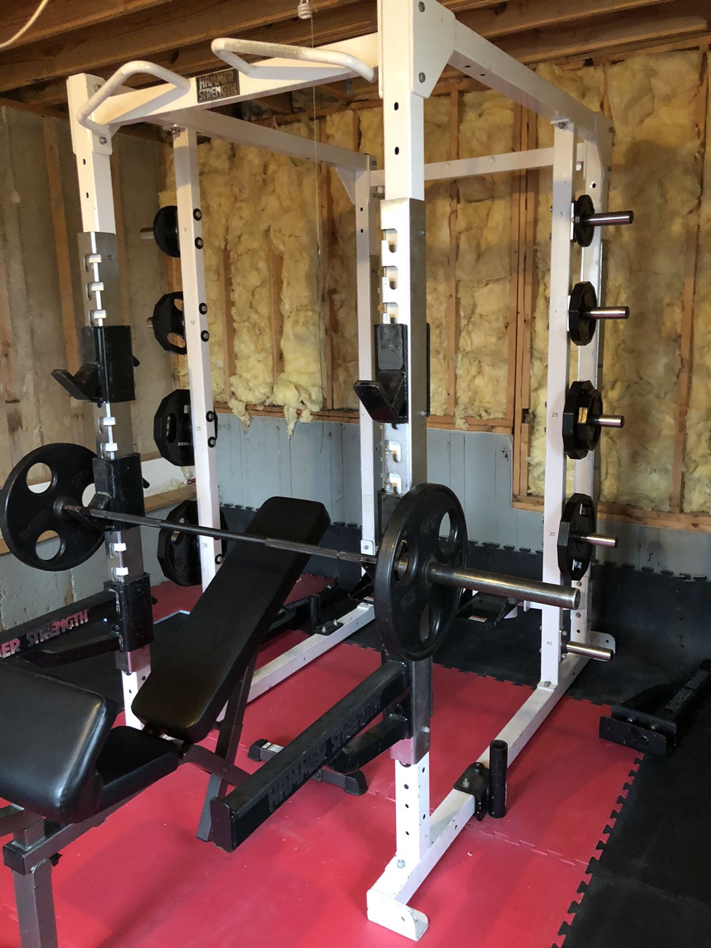 Double sided Hammer Strength Power Rack with Parabody Olympic bench, PowerMax Olympic barbel and full set of Iron Grip Olympic weights