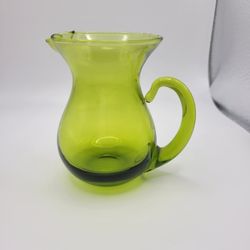 Vintage Rainbow Hand Blown Glass Mini Pitcher Green 3.75" Tall Applied Handle