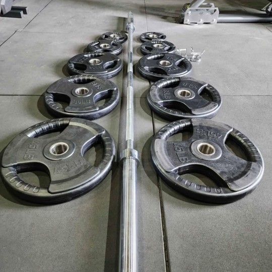 New Rubber Grip Plates | Olympic Weight Plates | 7ft 45lbs Olympic Bar | Gym Equipment | Fitness