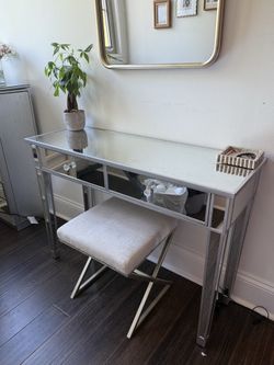 Mirrored desk and jewelry armoire set + stool