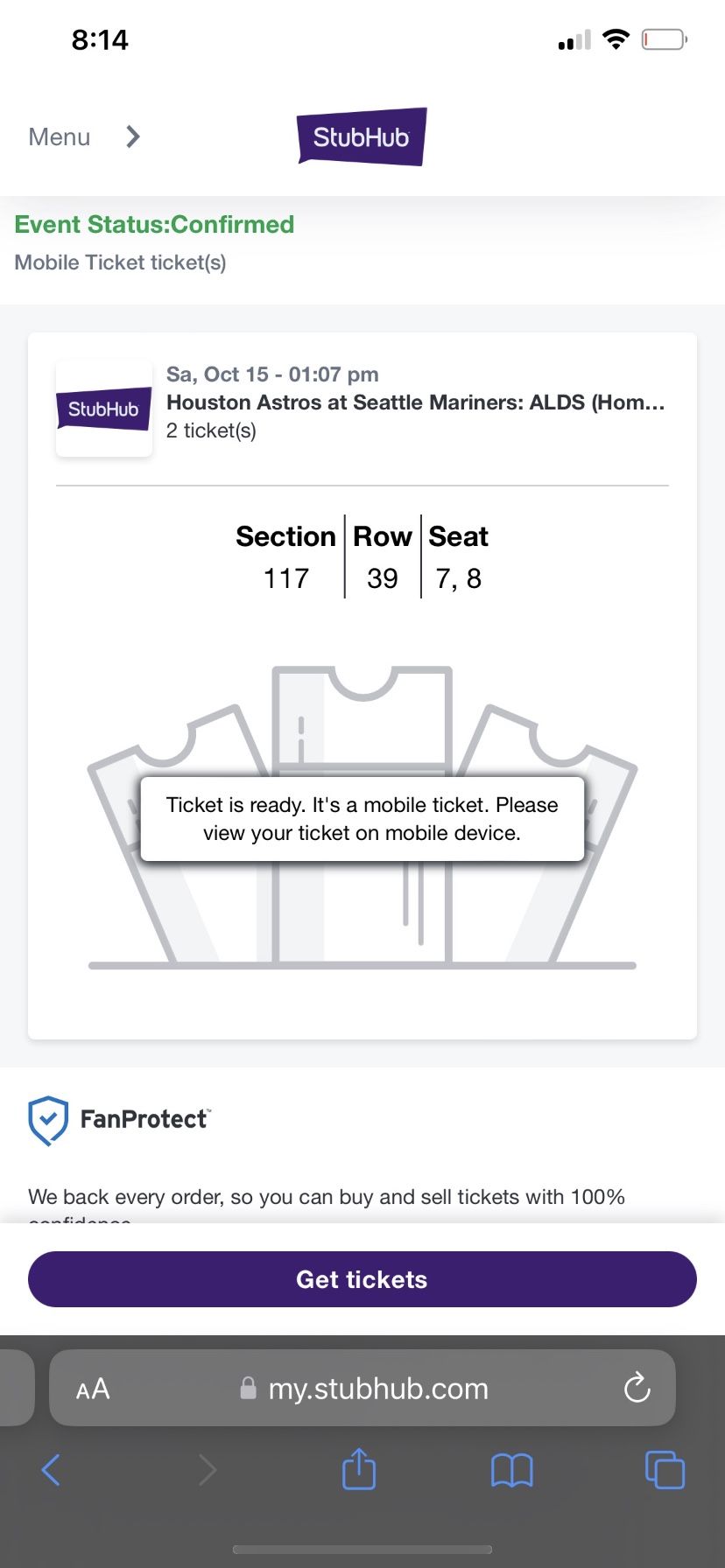 Mariners Tickets For Game 3 at T-Mobile