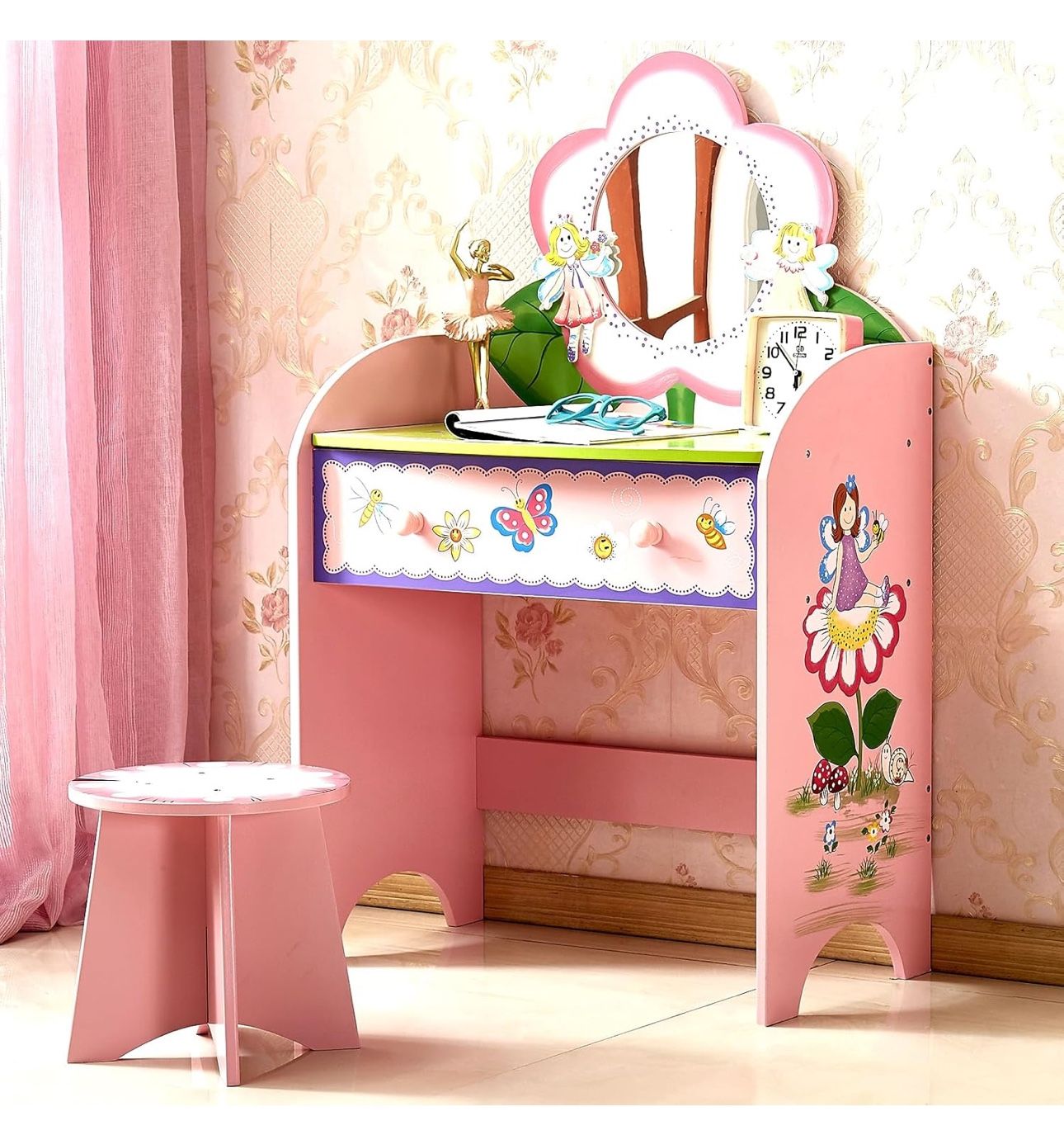 Kids Vanity Set with Mirror and Stool, Beauty Makeup Vanity Table with Large Drawer and Chair Set for Toddlers and Kids, Wooden Girls Makeup Dressing 