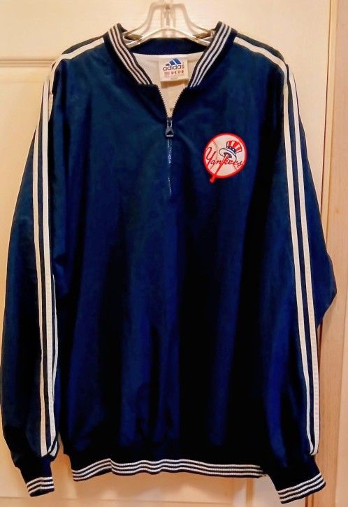 Vintage 90s Adidas New York Yankees MLB Navy Bomber Coach 1/4 Fleece Lined
