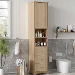 Assembled new 67" Tall Narrow Storage Cabinet, Fluted Bathroom Cabinet with Adjustable Shelf
