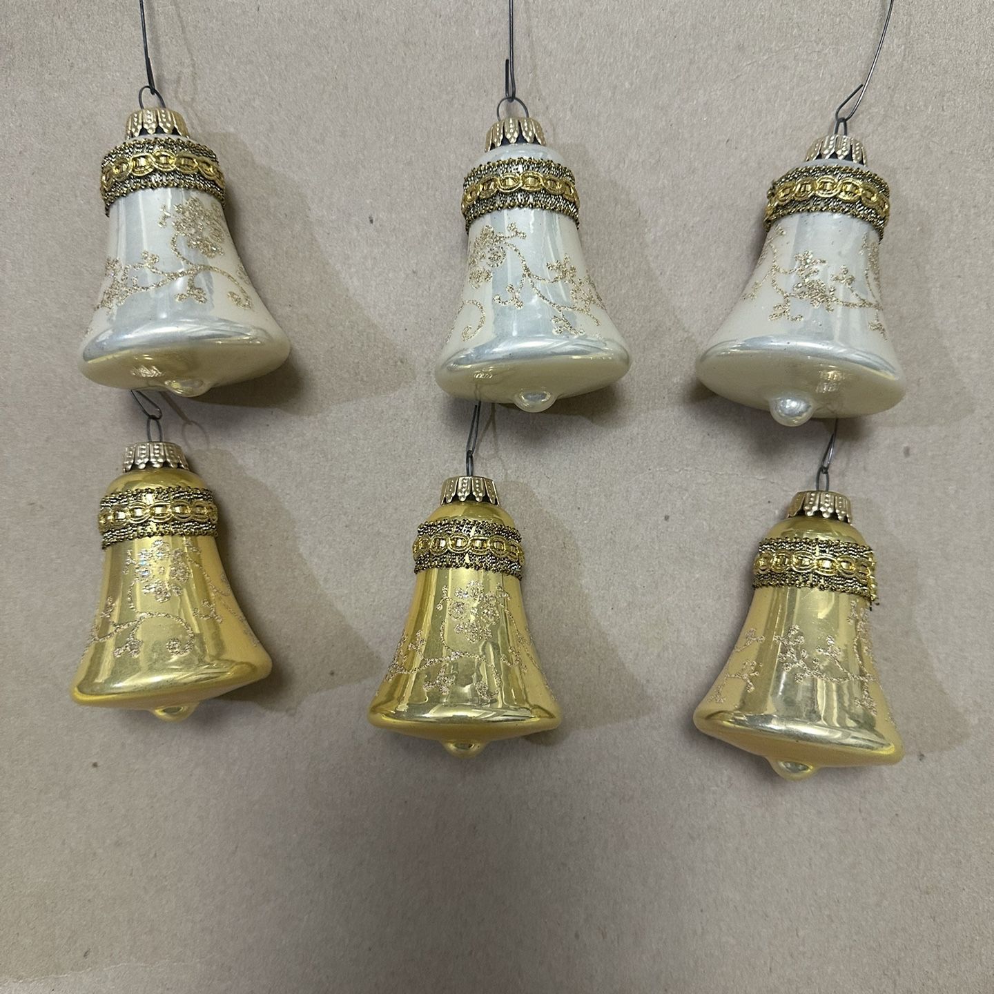 Vintage KREBS Blown Gold  GLASS BELL STENCILED GLITTER Christmas Onaments (6)