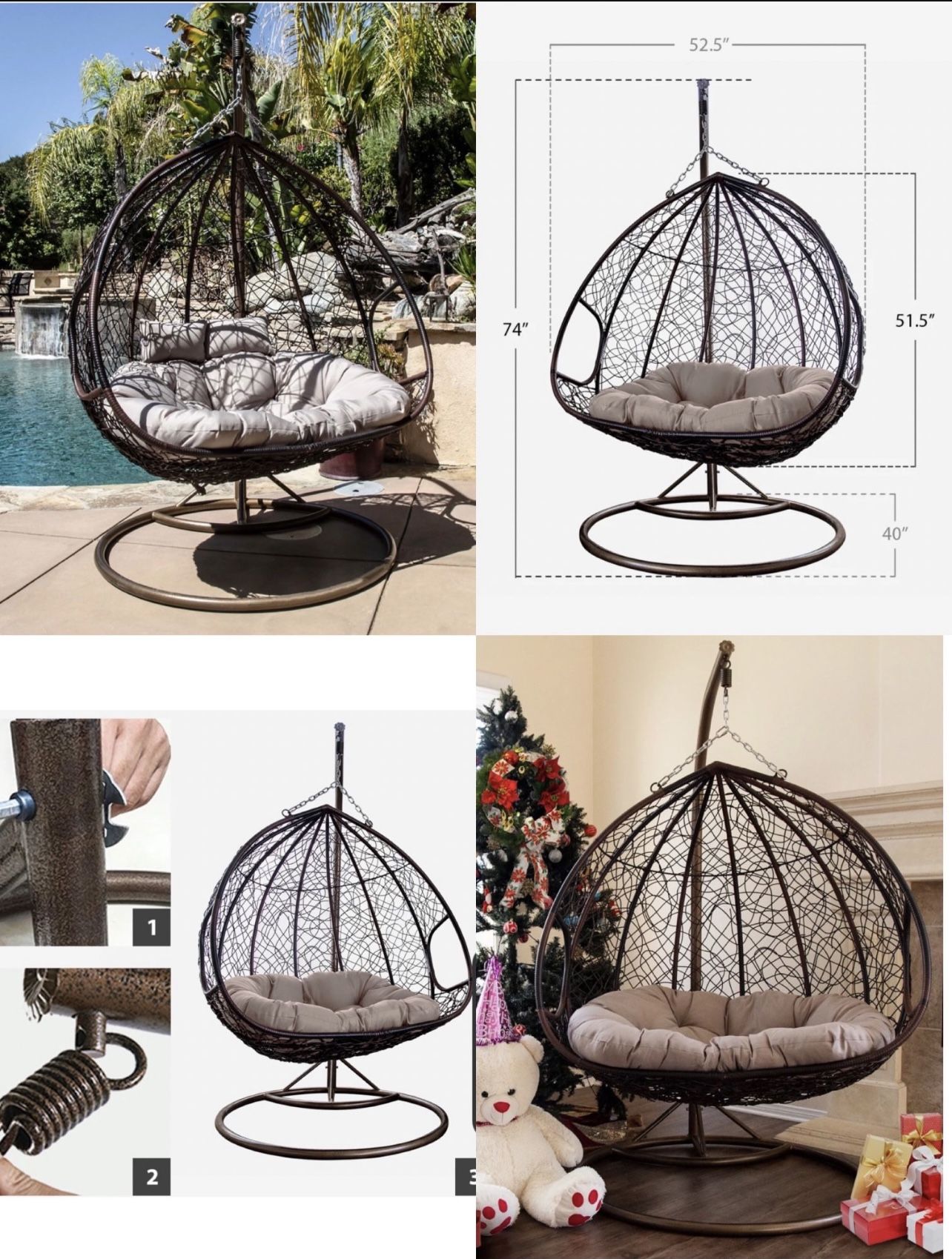 Luxury X-Large Double Egg Swing Chair 2 Person Hanging Chair Rattan Wicker Hammock Chair with Stand and Grey Cushion, for Outdoor Garden Patio Porch