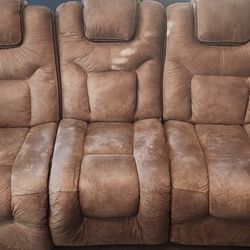 Brown Reclining Sofa with Center Console & Power Ports