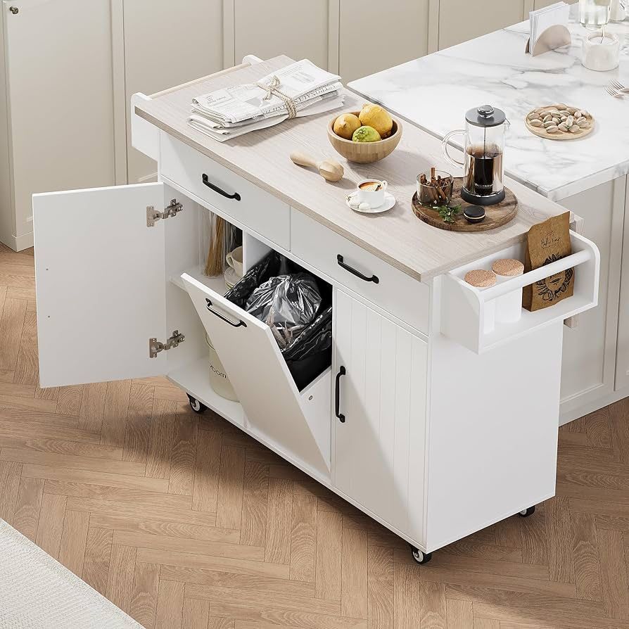Kitchen Island With Large Drop Leaf, Rolling Kitchen Island On Wheels With Adjustable Shelf, Wood Kitchen Cart With Trash Can Storage Cabinet, Spice R