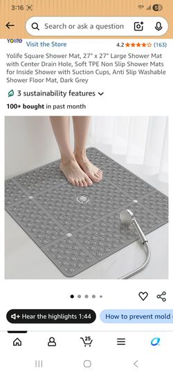 Square Shower Mat, 27" x 27" Large Shower Mat with Center Drain Hole. Soft TPE Non Slip Shower Mats for Inside Shower with Suction Cups, Anti Slip Was