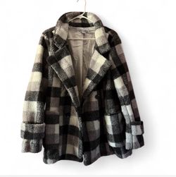 Sans Souci Plaid Sherpa Jacket – Gray & Cream Cozy Coat polyester blend 