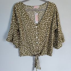 C+D+M Women's XL Button Tie 3/4" Sleeve Top Blouse Polyester Cotton NEW