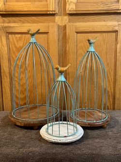 Set of 3 Distressed Teal Birdcage Cloches with Wood Bases