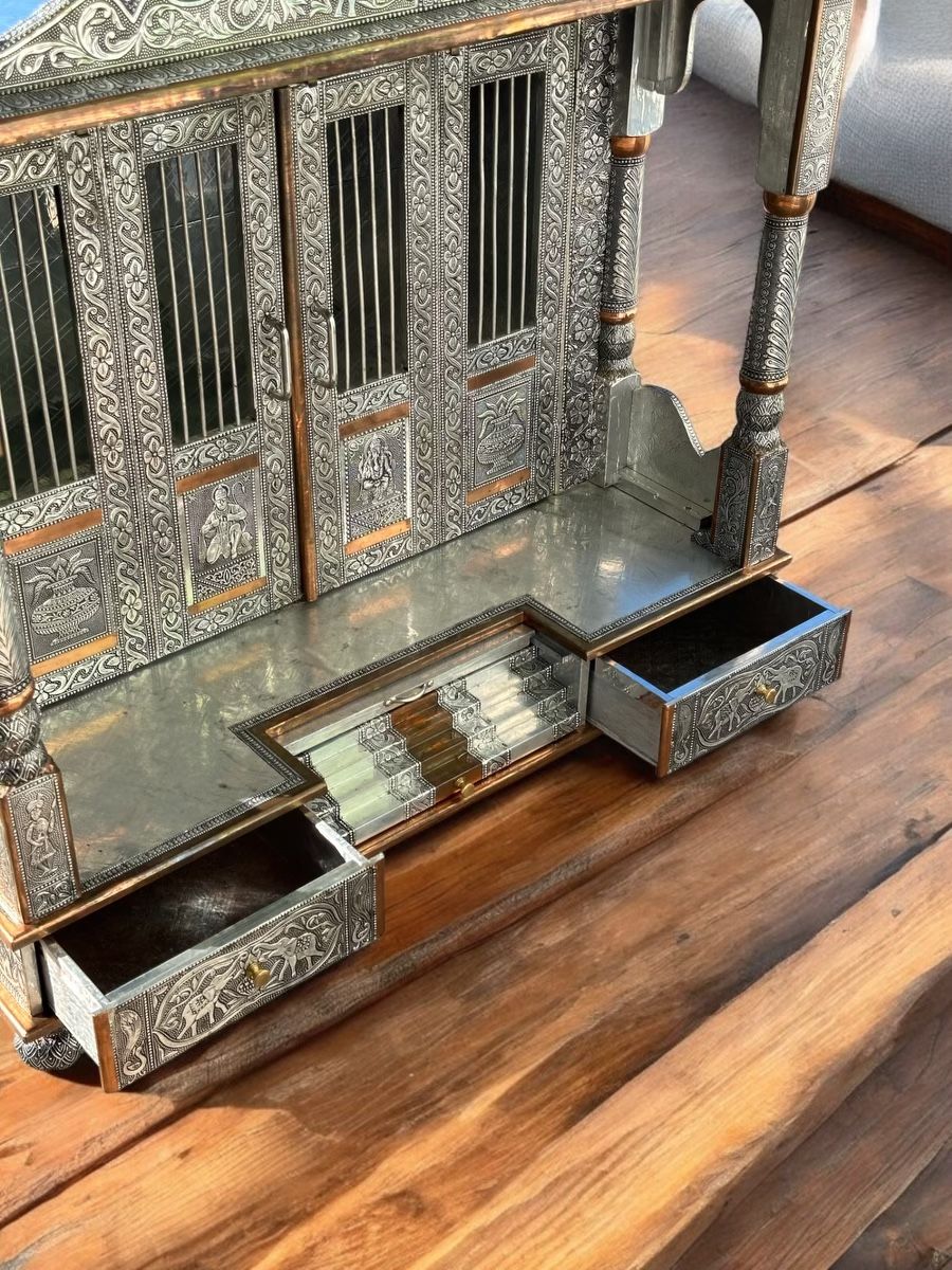 Absolutely Beautiful Hand Crafted Masterpiece Pooja Mandir Temple Altar W/ Cabinet Doors In The Back And Three Drawers To Store Your Ceremonial Tools